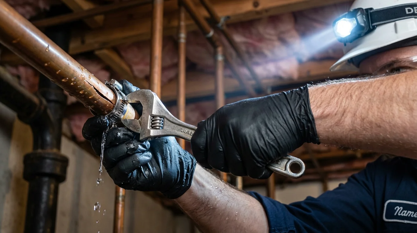 Emergency pipe clamp repair being performed by a Johns Plumbing LLC plumber in Brookhaven