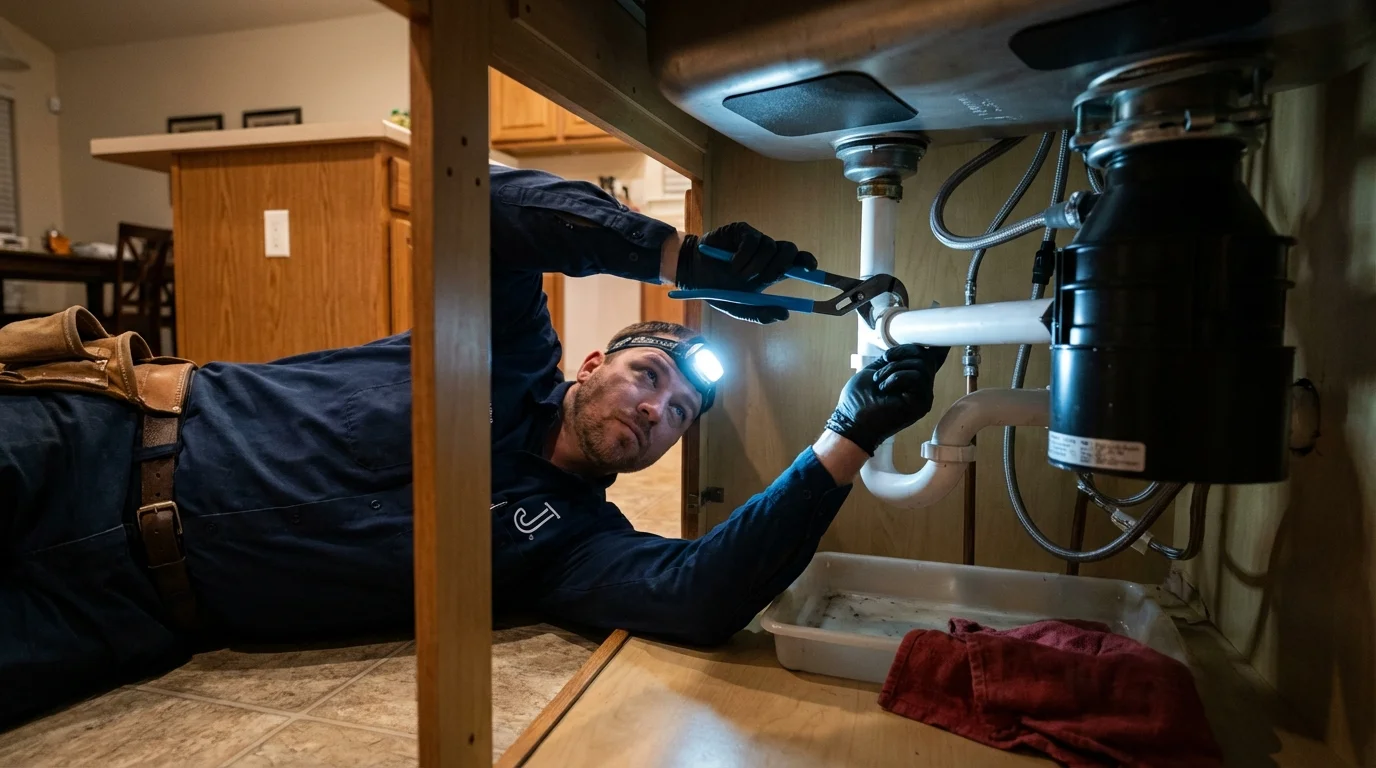 P-trap and supply line connections under a kitchen sink showing a common leak point in Brookhaven, PA